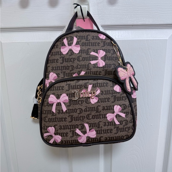NWT Juicy Couture Simply Sweet Backpack in Dark Brown/Pink Bow Design & Charm